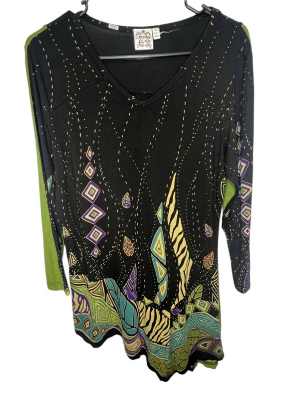 Parsley & Sage Black Abstract Print Long Sleeve Angled Tunic Top